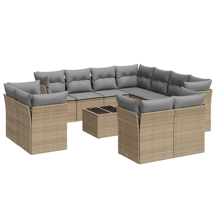 12-delige Loungeset met kussens poly rattan beige Beige en grijs Met tafel