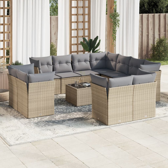 12-delige Loungeset met kussens poly rattan beige Beige en grijs Met tafel