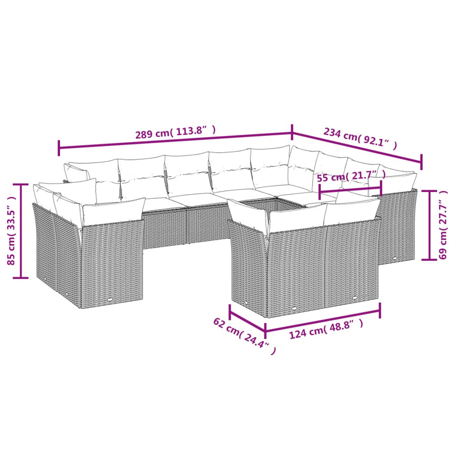 12-delige Loungeset met kussens poly rattan bruin Bruin en crème Zonder tafel