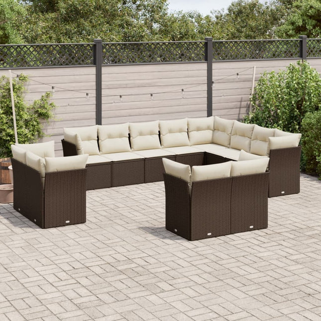 12-delige Loungeset met kussens poly rattan bruin Bruin en crème Zonder tafel