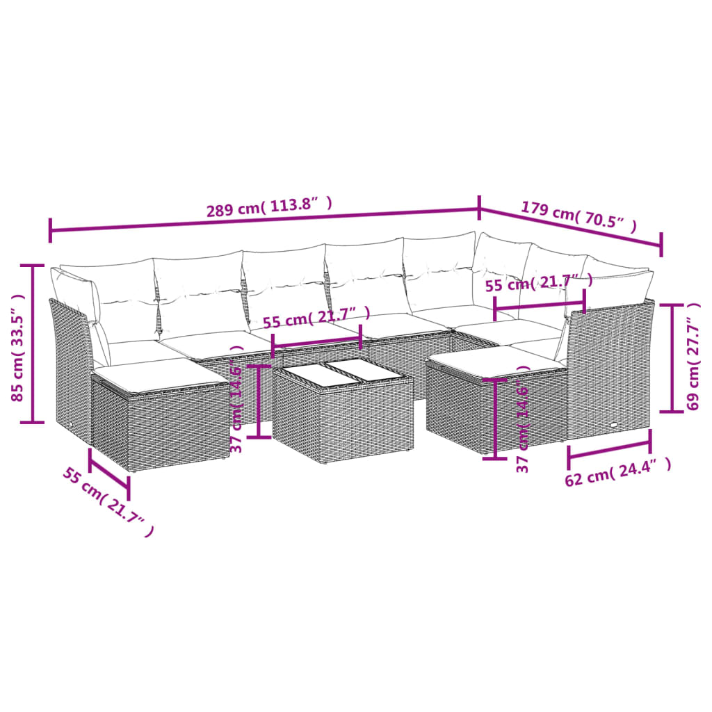 10-Delige Loungeset Met Kussens Poly Rattan Grijs