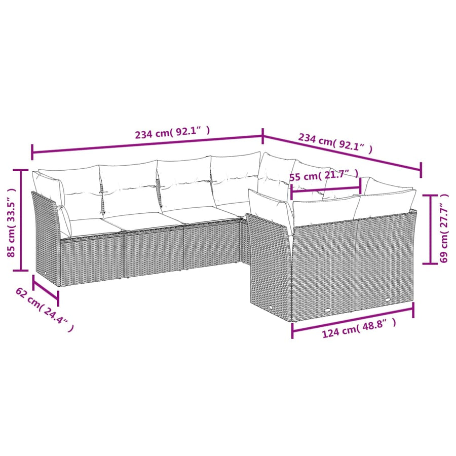 8-delige Loungeset met kussens poly rattan bruin Bruin en crème