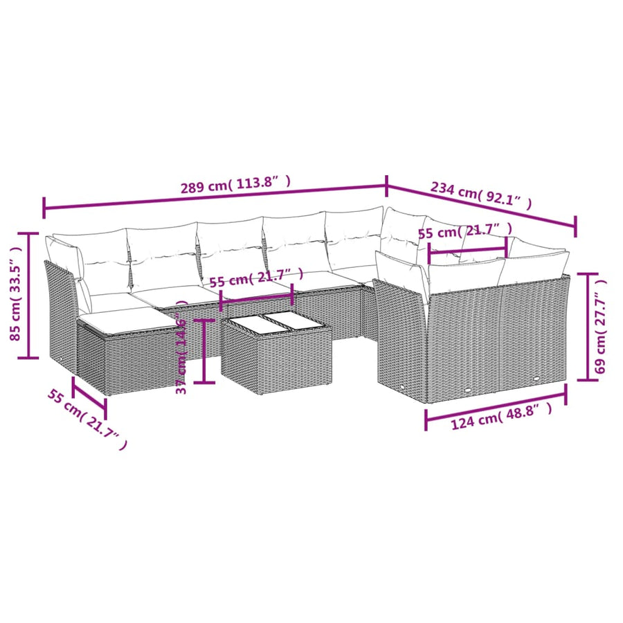 11-Delige Loungeset Met Kussens Poly Rattan Grijs