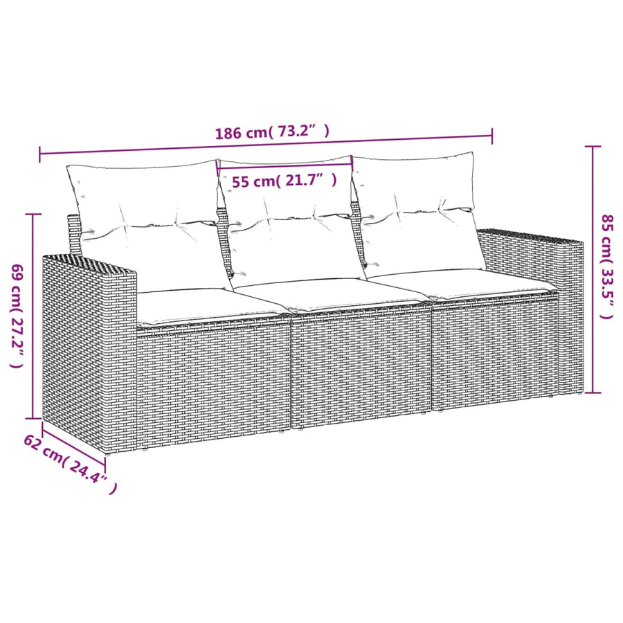 3-delige Loungeset met kussens poly rattan bruin 1 Bruin en crème
