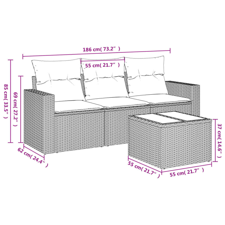 4-Delige Loungeset Met Kussens Poly Rattan Beige