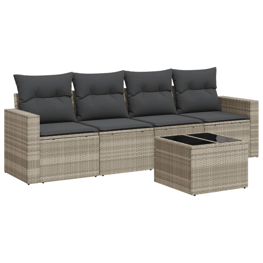 5-delige Loungeset met kussens poly rattan lichtgrijs