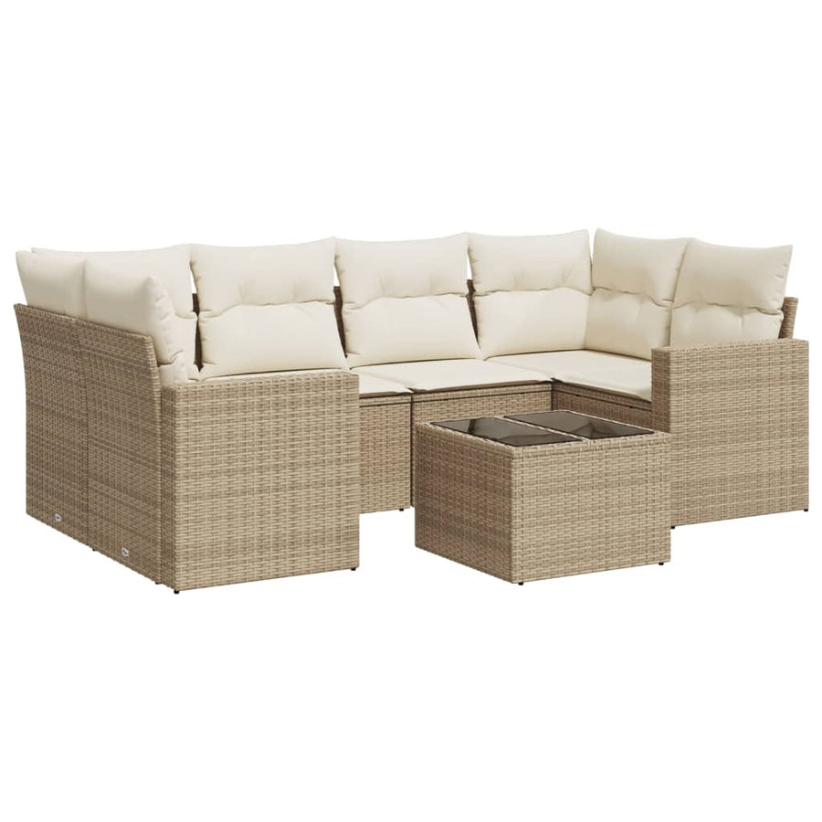 7-delige Loungeset met kussens poly rattan beige