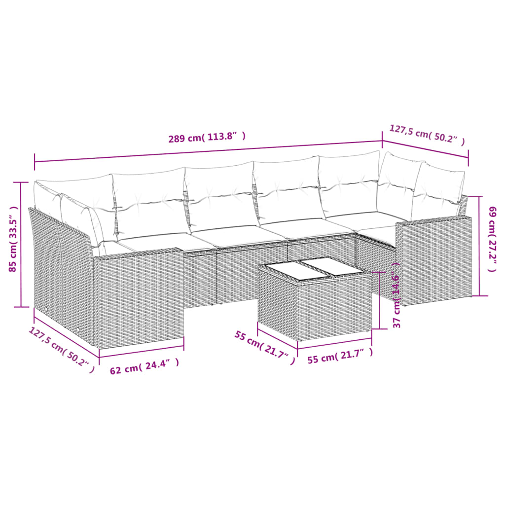 8-Delige Loungeset Met Kussens Poly Rattan Grijs