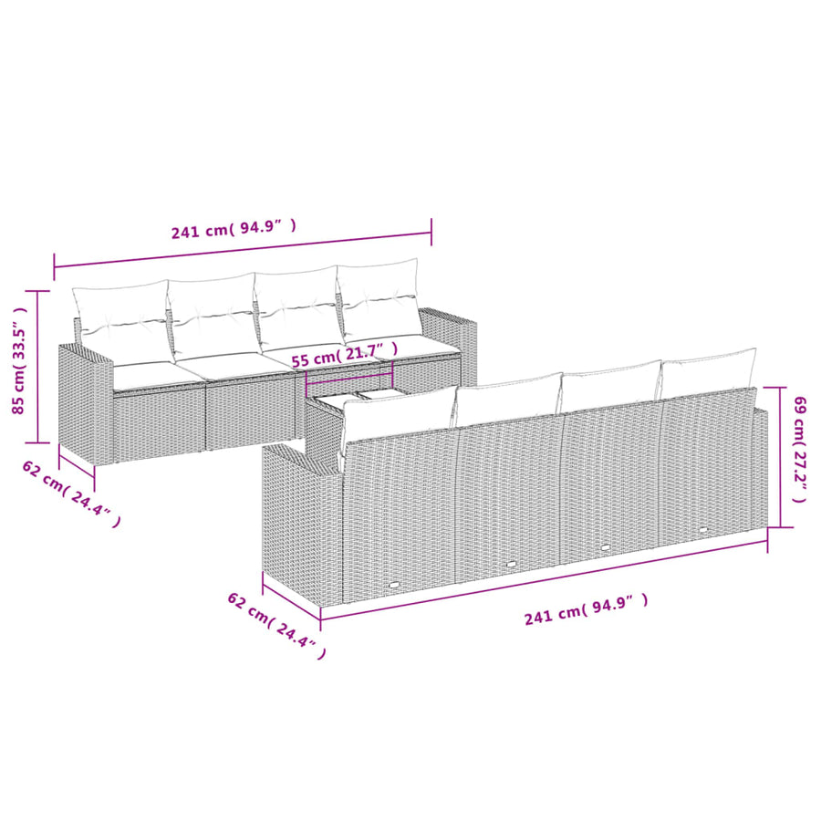 9-delige Loungeset met kussens poly rattan lichtgrijs