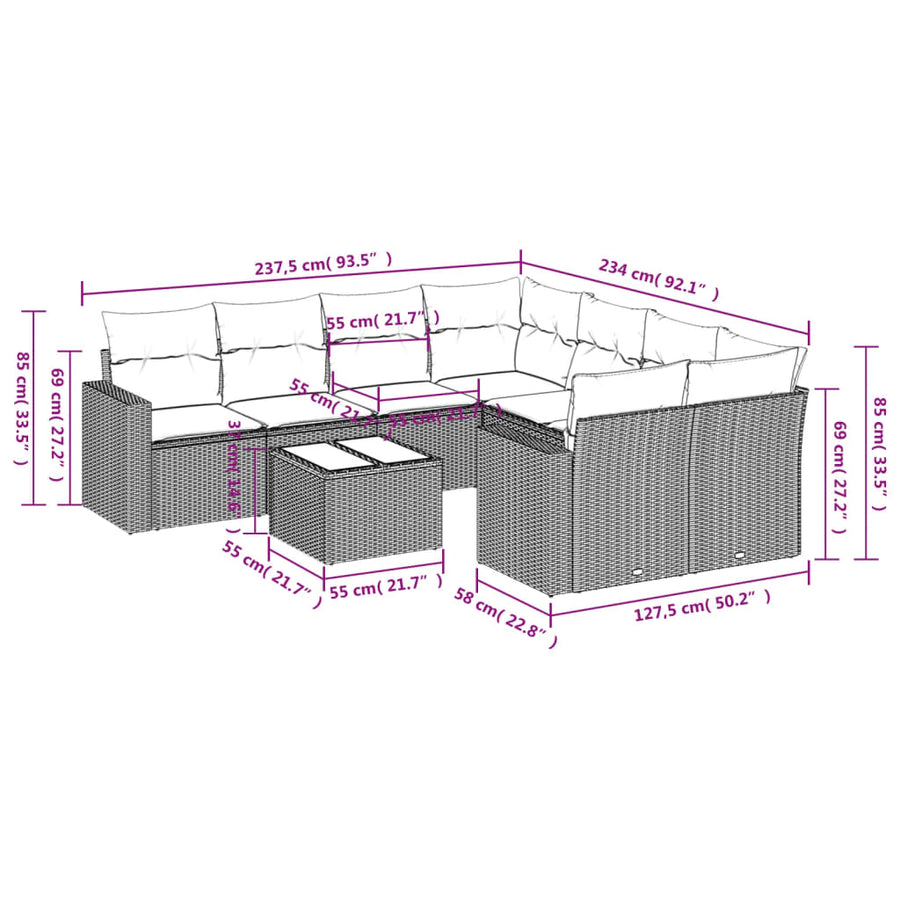 9-Delige Loungeset Met Kussens Poly Rattan Zwart