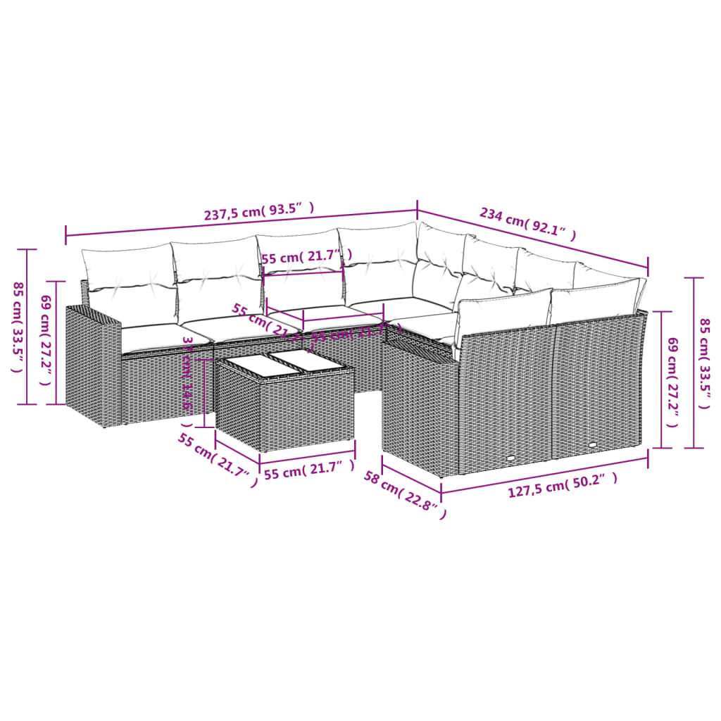 9-delige Loungeset met kussens poly rattan lichtgrijs