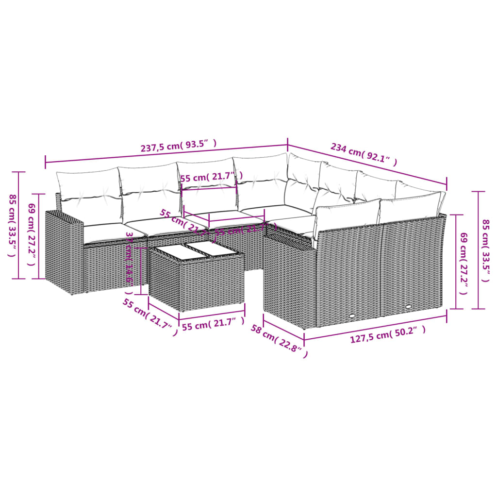 9-delige Loungeset met kussens poly rattan bruin