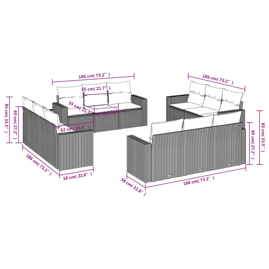 12-Delige Loungeset Met Kussens Poly Rattan Beige