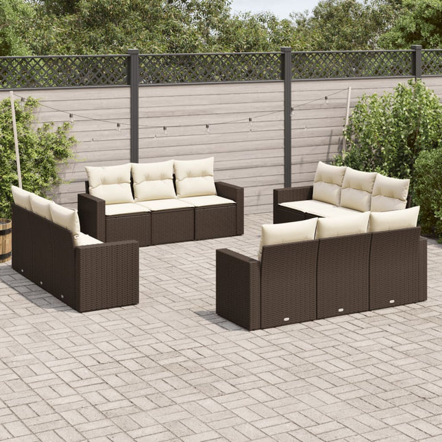 12-delige Loungeset met kussens poly rattan bruin Bruin en crème