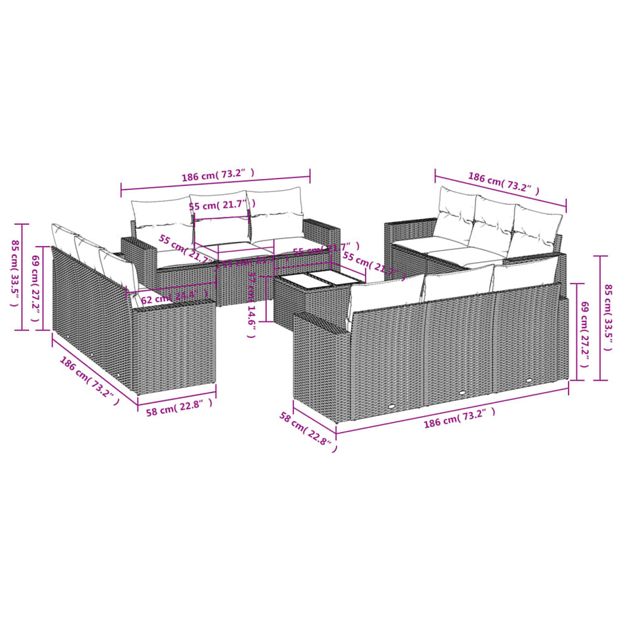 13-Delige Loungeset Met Kussens Poly Rattan Grijs