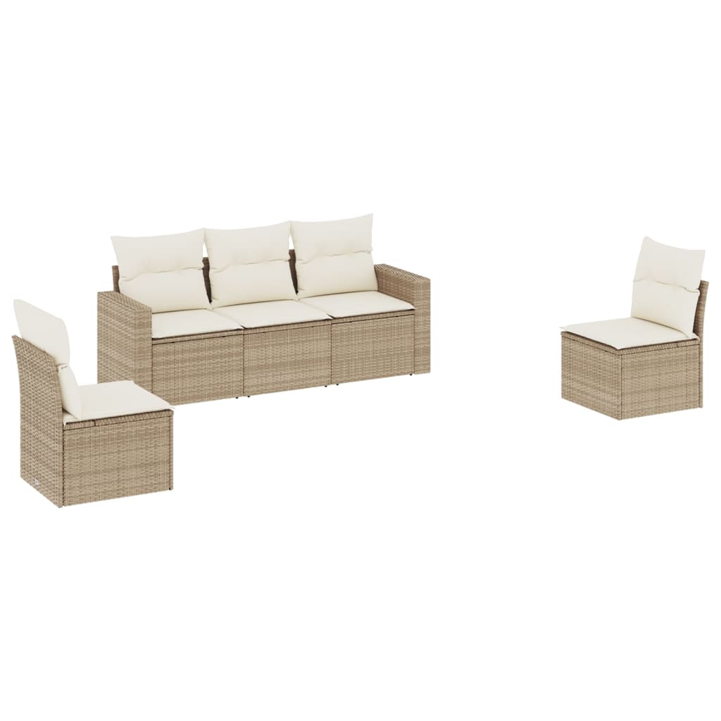5-delige Loungeset met kussens poly rattan beige