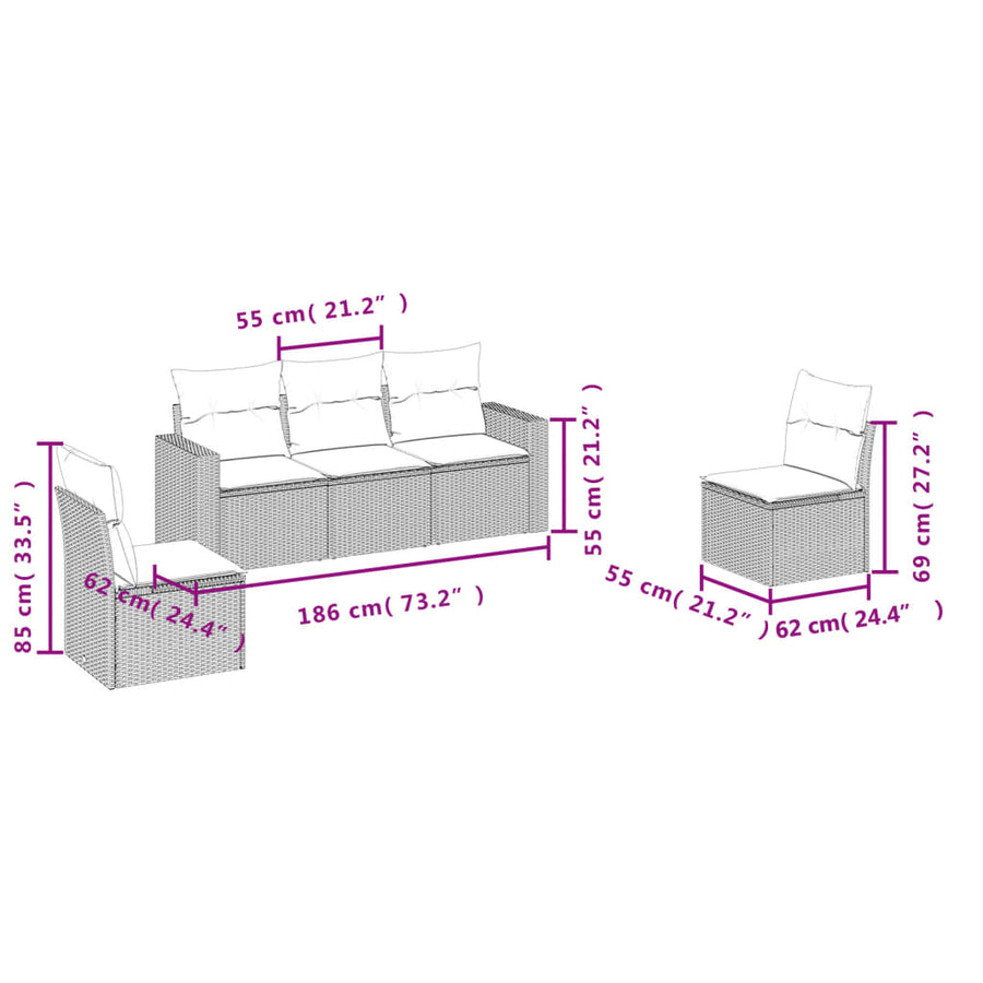 5-delige Loungeset met kussens poly rattan bruin 1 Bruin en crème