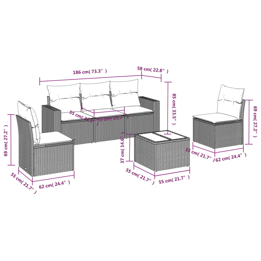 6-Delige Loungeset Met Kussens Poly Rattan Zwart