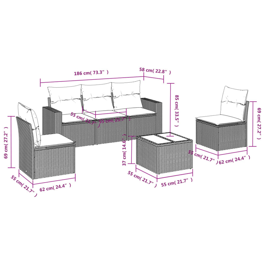 6-Delige Loungeset Met Kussens Poly Rattan Beige