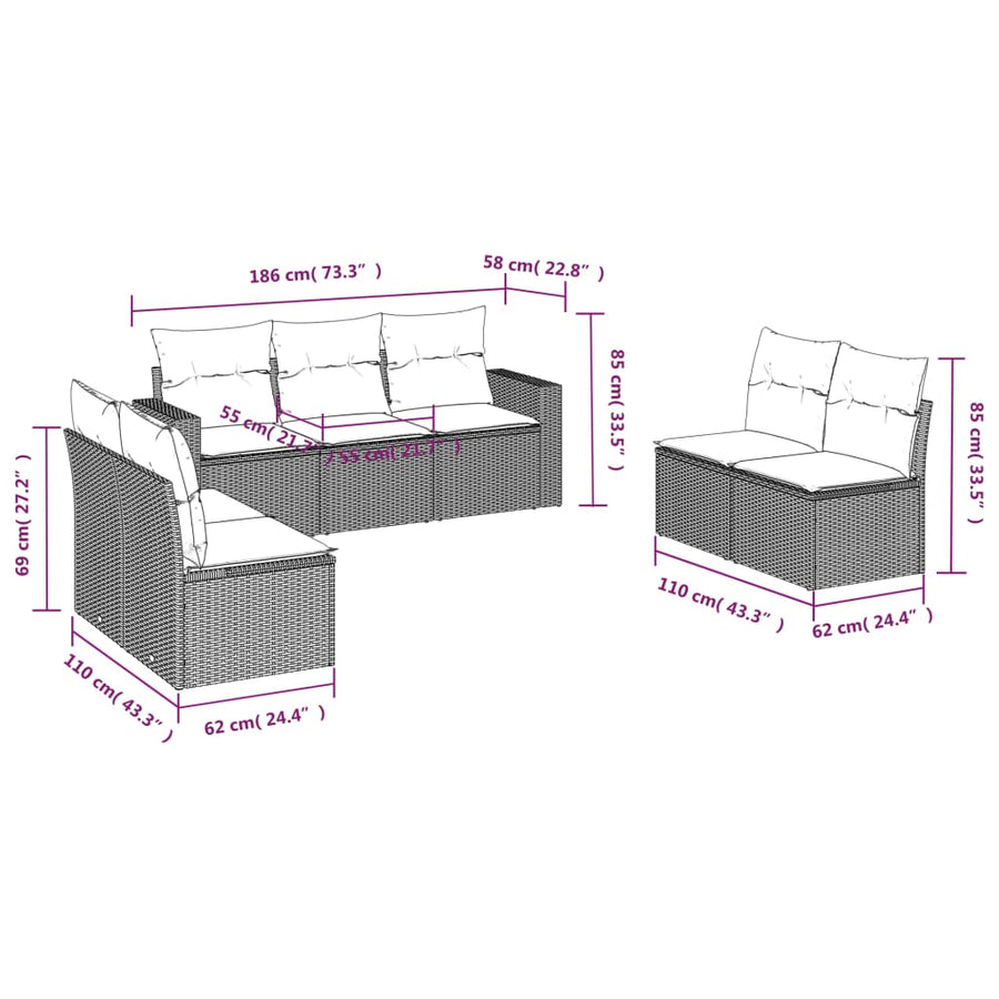 7-Delige Loungeset Met Kussens Poly Rattan Zwart