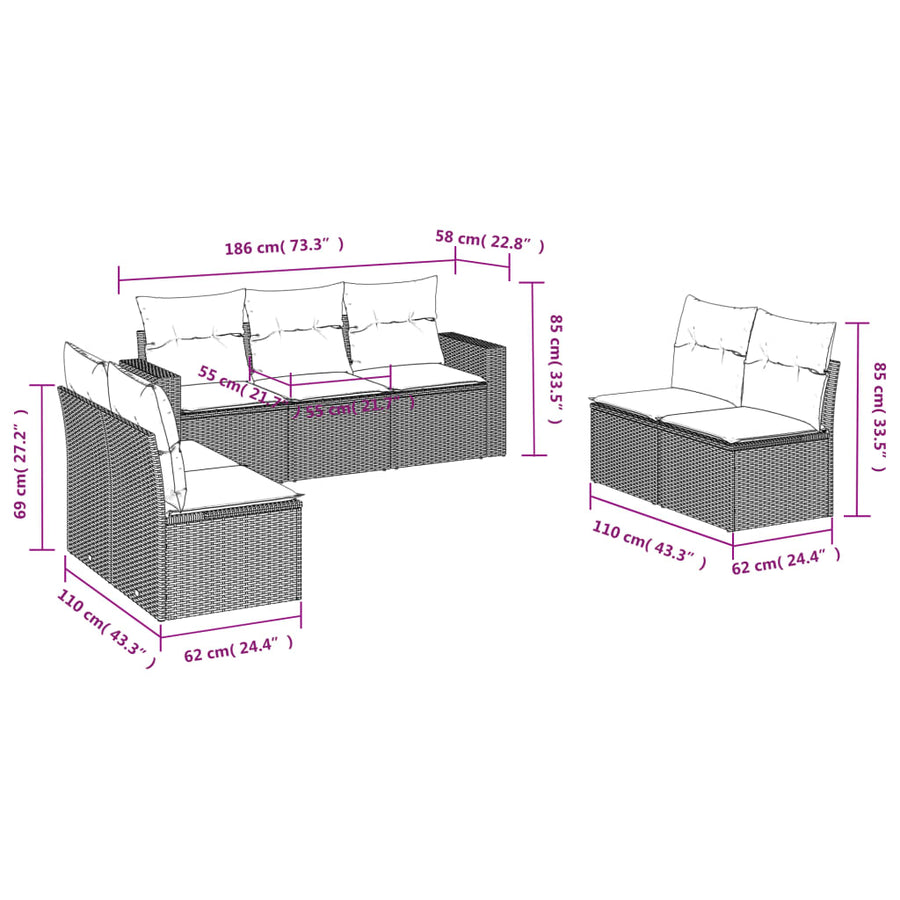 7-Delige Loungeset Met Kussens Poly Rattan Beige