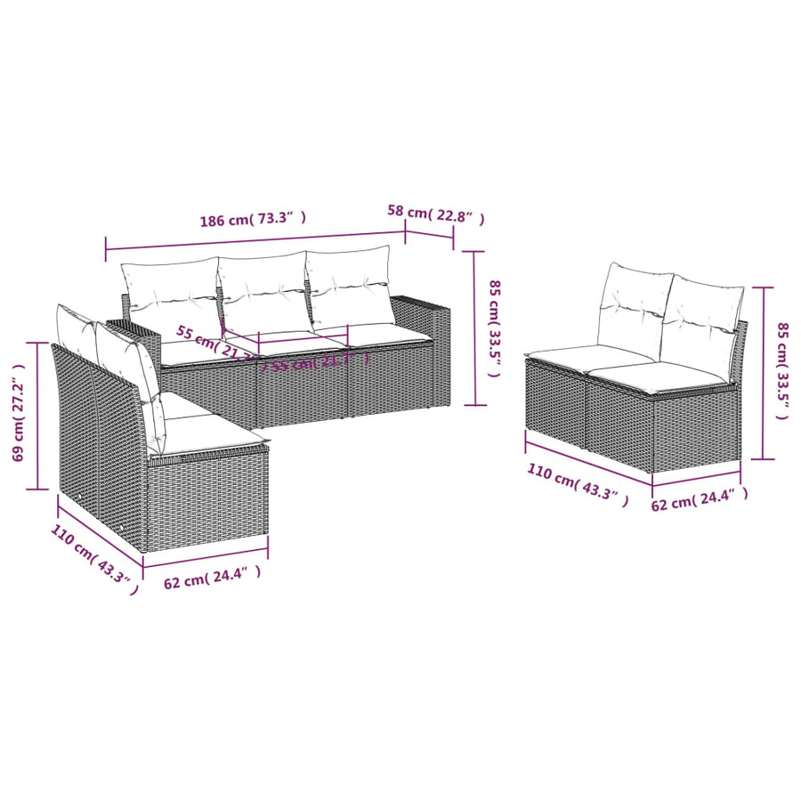 7-delige Loungeset met kussens poly rattan lichtgrijs