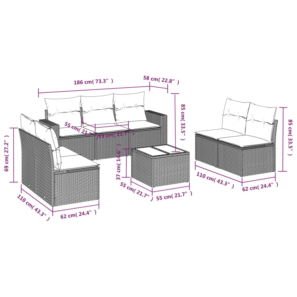 8-delige Loungeset met kussens poly rattan lichtgrijs