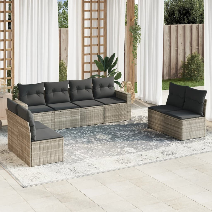 9-delige Loungeset met kussens poly rattan lichtgrijs