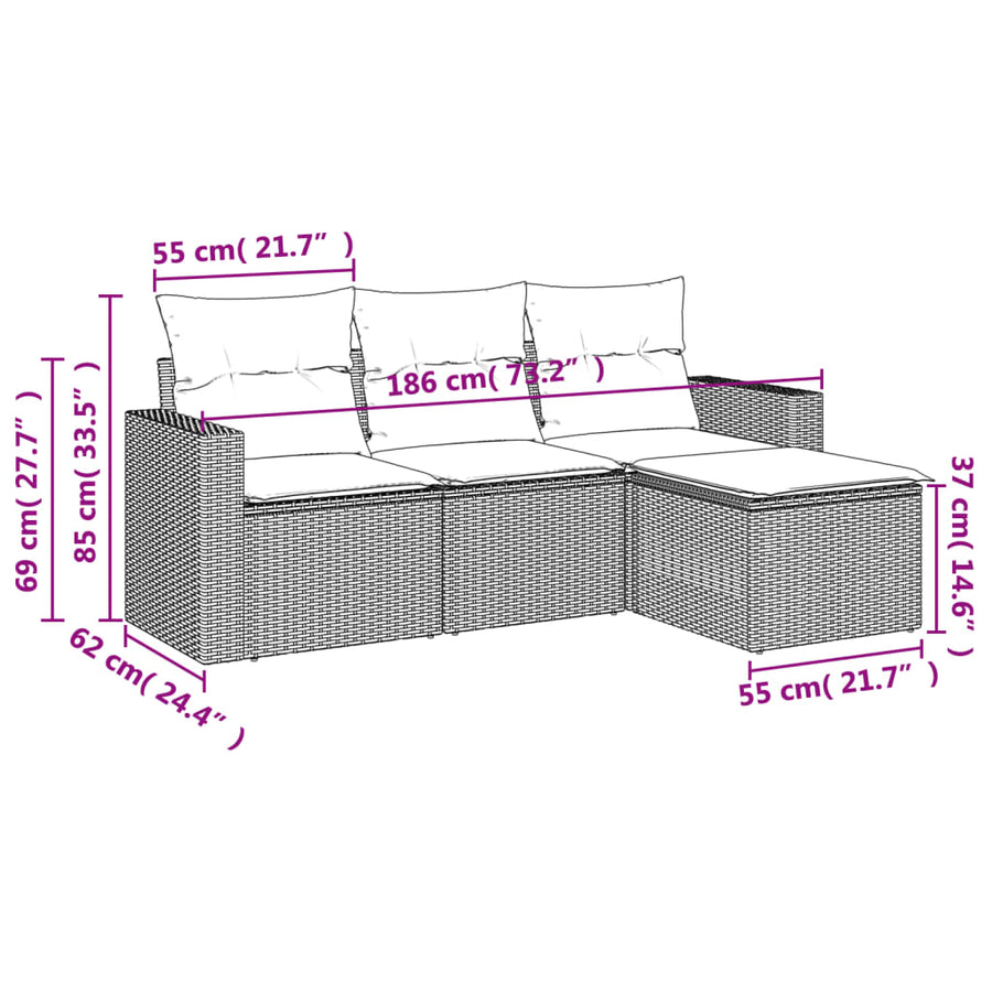 4-delige Loungeset met kussens poly rattan lichtgrijs