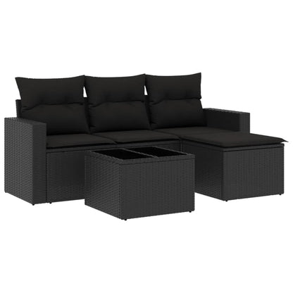 5-delige Loungeset met kussens poly rattan zwart 1 Zwart