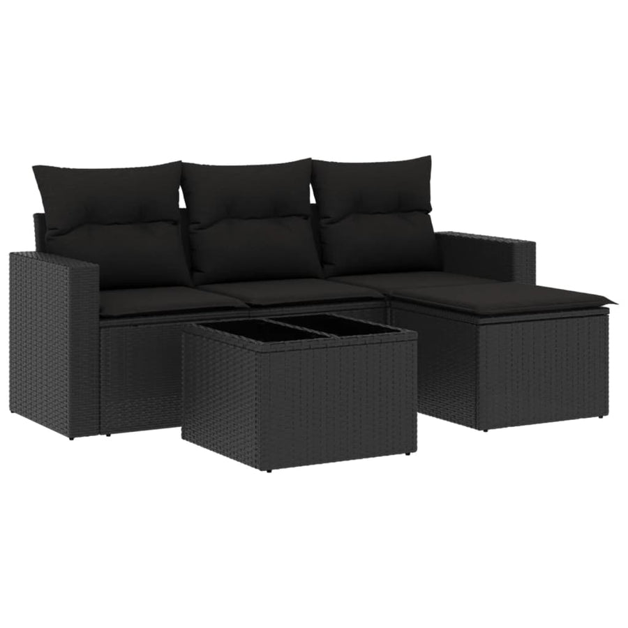 5-delige Loungeset met kussens poly rattan zwart 1 Zwart