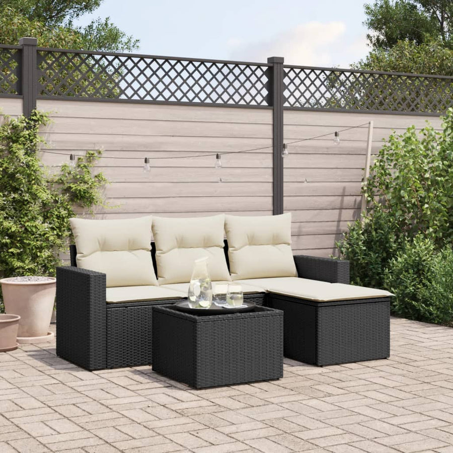 5-delige Loungeset met kussens poly rattan zwart 1 Zwart en crème