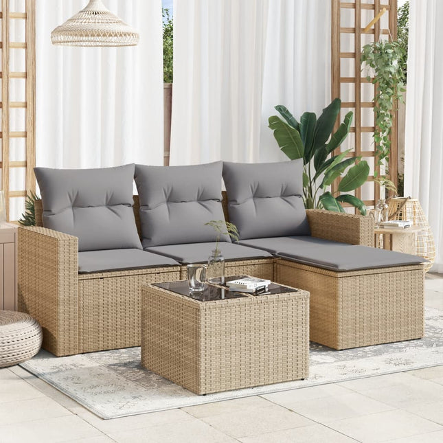 5-delige Loungeset met kussens poly rattan beige