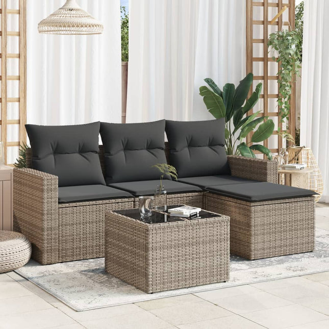 5-delige Loungeset met kussens poly rattan grijs