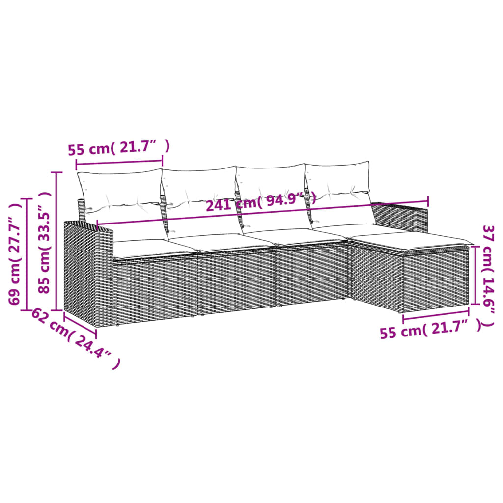 5-delige Loungeset met kussens poly rattan zwart Zwart en crème Zonder tafel