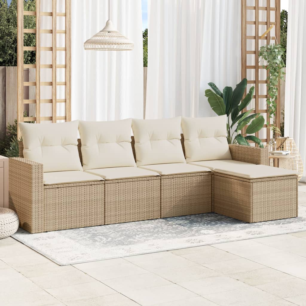 5-delige Loungeset met kussens poly rattan beige