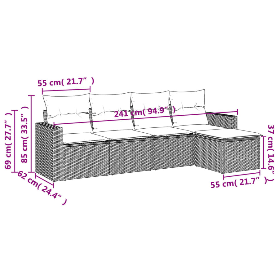 5-delige Loungeset met kussens poly rattan grijs