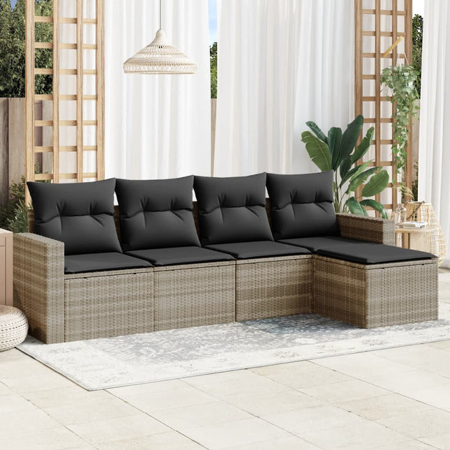 5-delige Loungeset met kussens poly rattan lichtgrijs