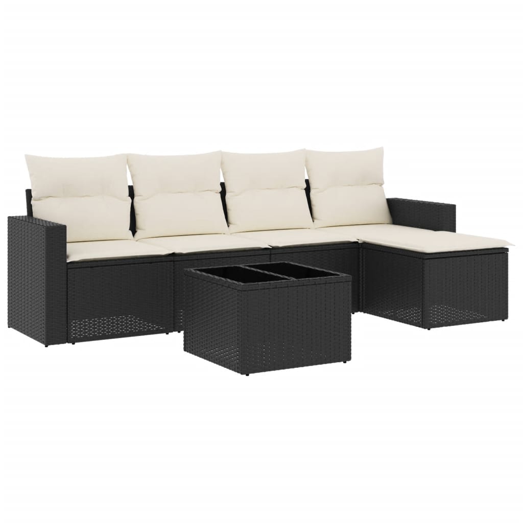 6-delige Loungeset met kussens poly rattan zwart 1 Zwart en crème
