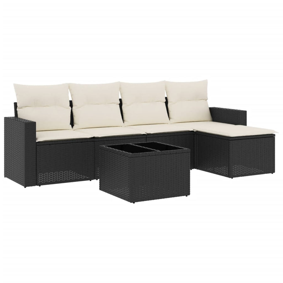 6-delige Loungeset met kussens poly rattan zwart 1 Zwart en crème