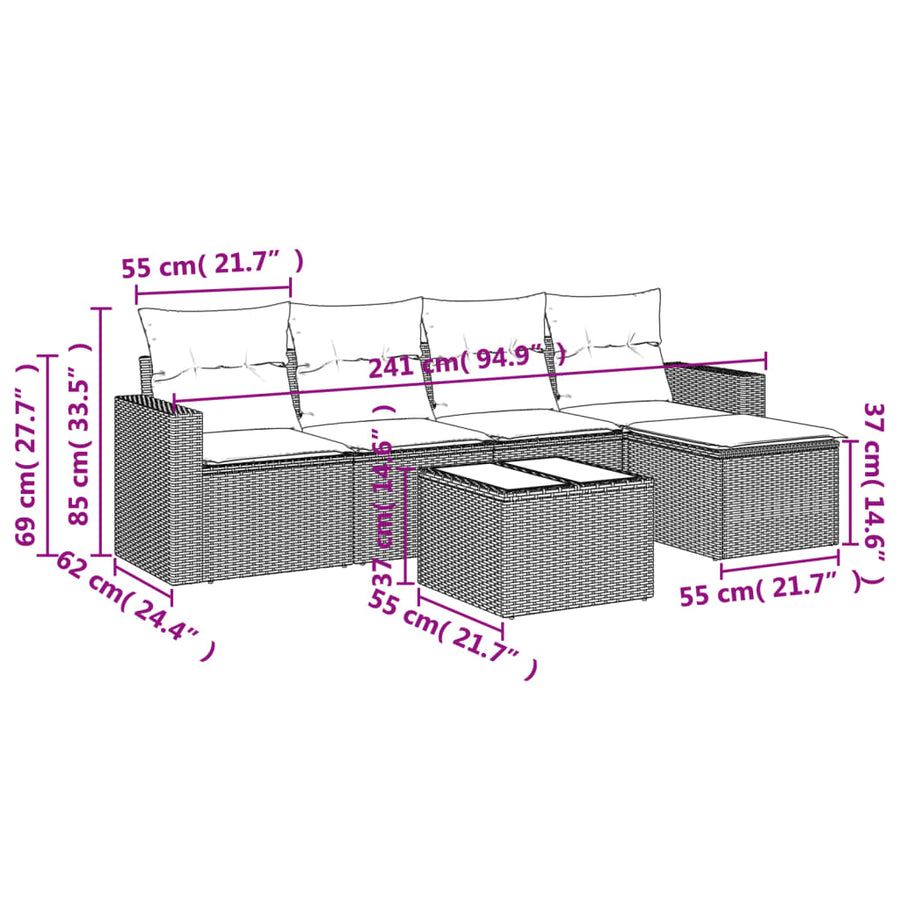 6-delige Loungeset met kussens poly rattan zwart 1 Zwart en crème