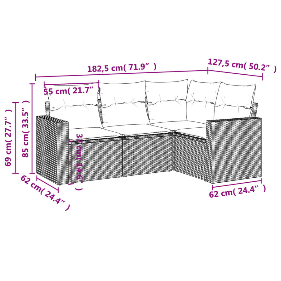 4-delige Loungeset met kussens poly rattan zwart Zwart Zonder tafel