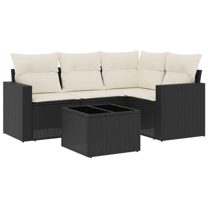 5-delige Loungeset met kussens poly rattan zwart Zwart en crème Met tafel