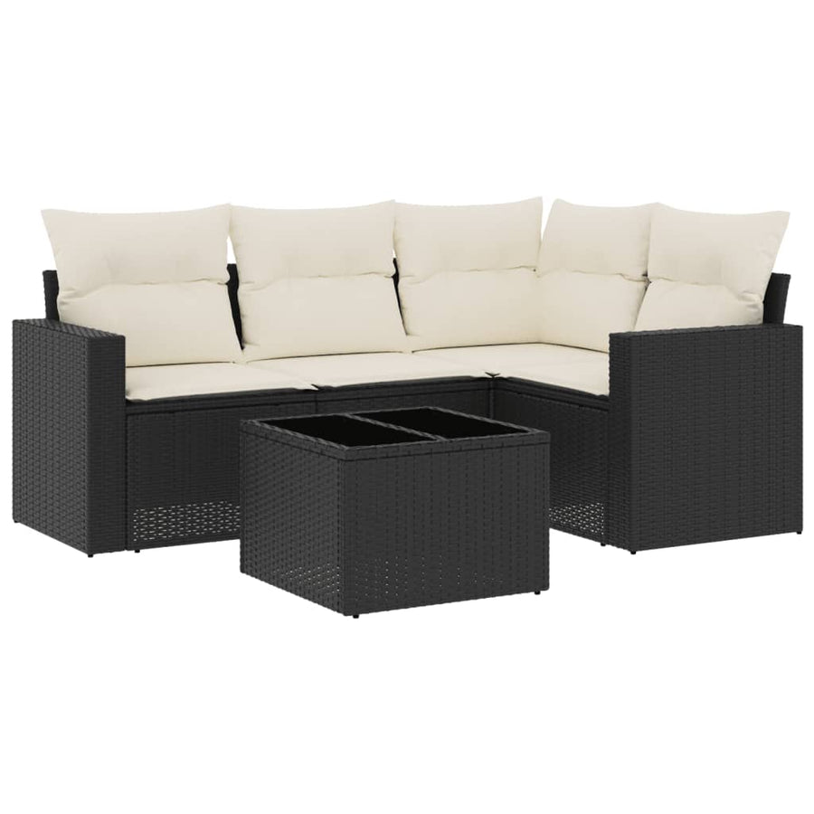 5-delige Loungeset met kussens poly rattan zwart Zwart en crème Met tafel