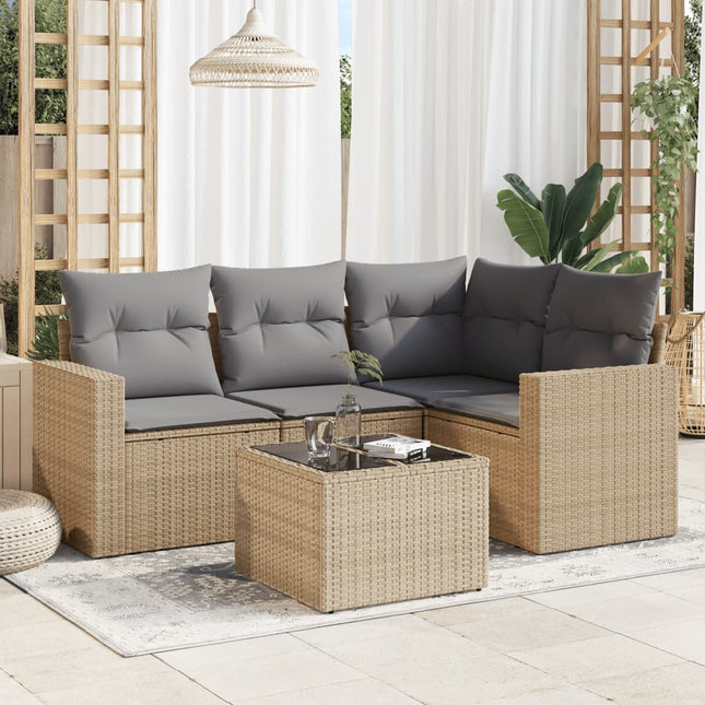 5-delige Loungeset met kussens poly rattan beige