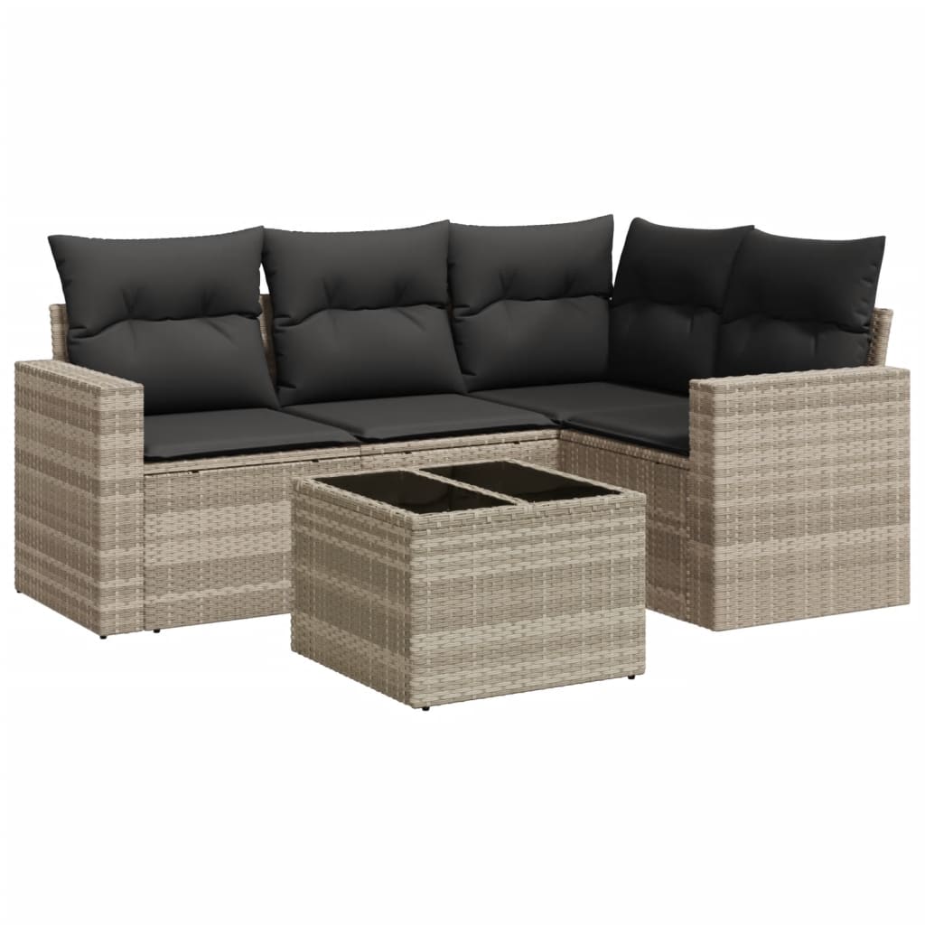 5-delige Loungeset met kussens poly rattan lichtgrijs