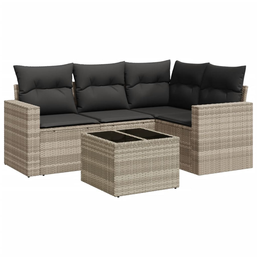 5-delige Loungeset met kussens poly rattan lichtgrijs