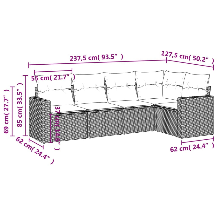 5-delige Loungeset met kussens poly rattan zwart 1 Zwart