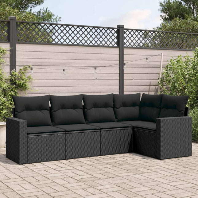 5-delige Loungeset met kussens poly rattan zwart 1 Zwart