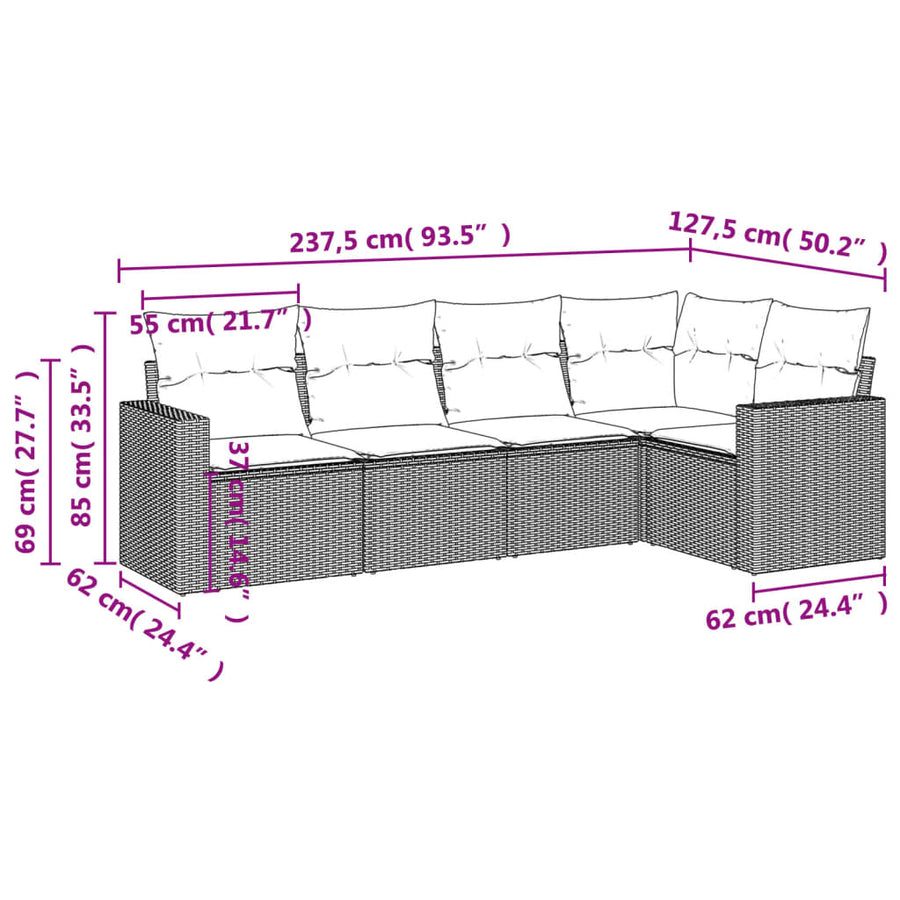 5-delige Loungeset met kussens poly rattan zwart 1 Zwart en crème